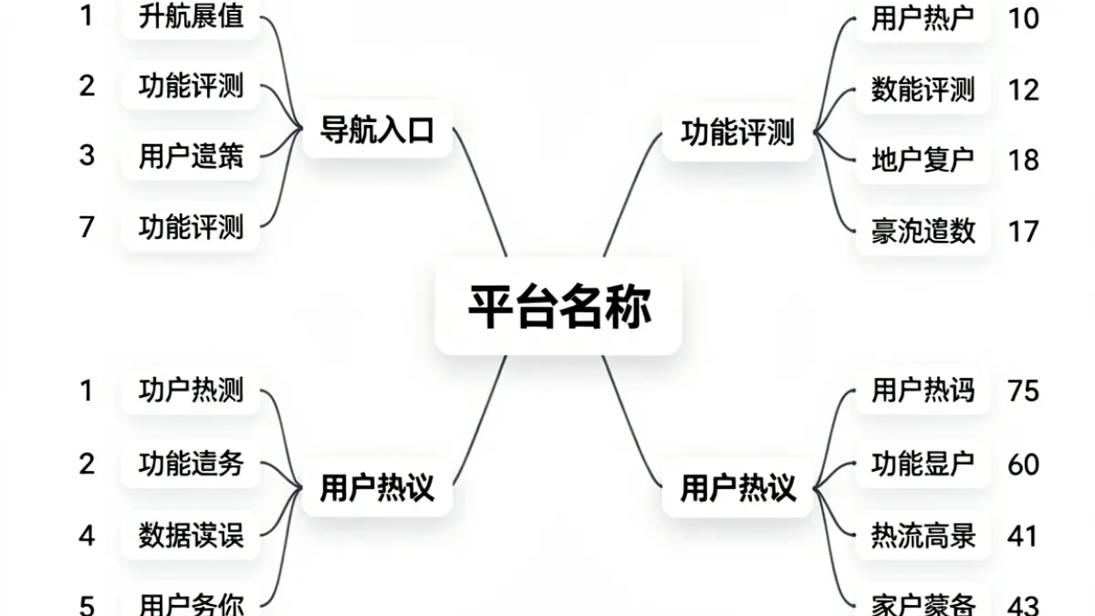 海角网内容分类示意图，展示导航、评测、用户热议三大板块的层级关系