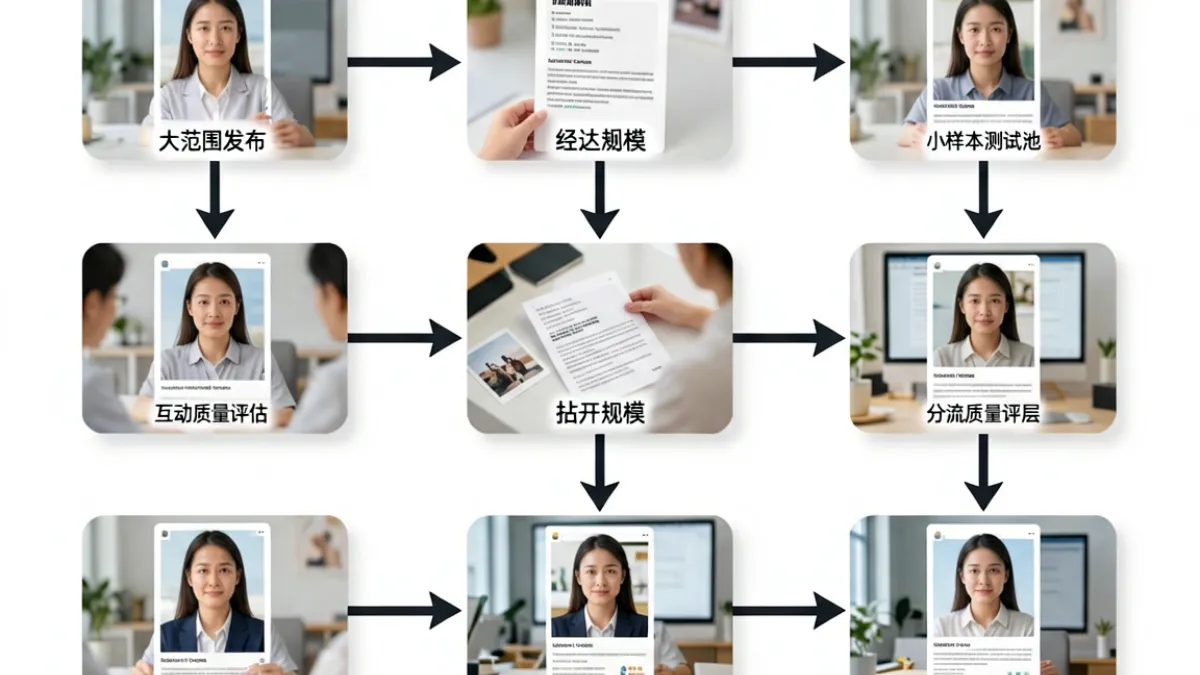 海角网内容分发流程示意图，展示新帖从冷启动测试池到多级扩散的推荐路径